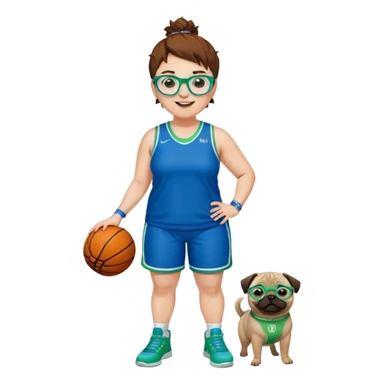 Full Body plus size white female basketball player with short medium brown hair with short spike hair wearing blue glasses 
With a pug wide nose wearing blue green uniform  green sneakers smiling wearing silver hoop earrings sticker