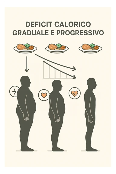 una sequenza di tre sagome umane affiancate, ognuna rappresenta una fase diversa di perdita di peso graduale. Sopra ogni figura, un piatto mostra porzioni di cibo bilanciate ma leggermente ridotte. Frecce e grafici illustrano una diminuzione lenta e costante dell’apporto calorico giornaliero, con icone che rappresentano energia, salute e mantenimento della massa muscolare. Sfondo pulito e moderno, con etichette chiare che spiegano “deficit calorico graduale e progressivo” sticker