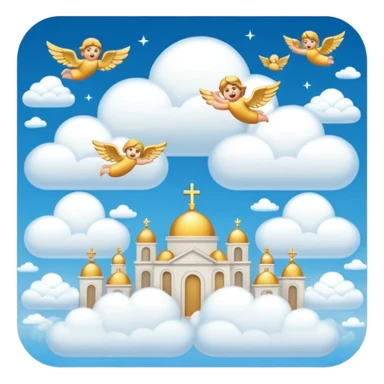 heaven with golden cities, clouds, and angels flying through the sky, emoji style sticker