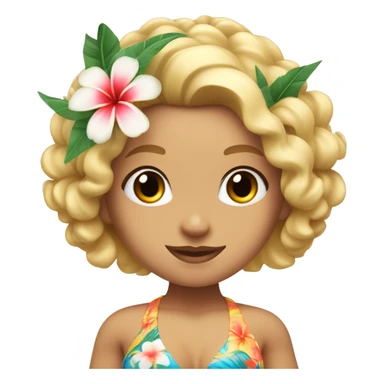 White hula girl with shoulder length blond curly hair, blue eyes, with a tropical bikini top and flowers in her hair sticker