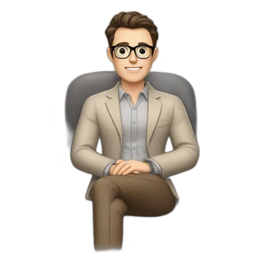 Pale skinned Fit Man With dark brown hair in gray jacket, beige office shirt, Brown pants and vintage glasses sitting In a soft chair with a notebook on spring with emblem Ψ and a pen sticker