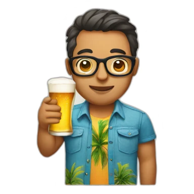 person wearing glasses alohashirt is holding beer sticker
