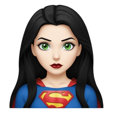 Black haired woman, green eyes, black lipstick, white skin, black t shirt, sharp face, long hair, feminine, Devine, superman logo on t shirt sticker