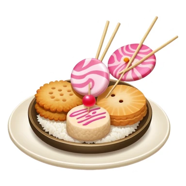 A combination of fish cake with pink swirl (narutomaki), rice cracker (senbei), and dango on a stick arranged together as a Japanese food plate sticker