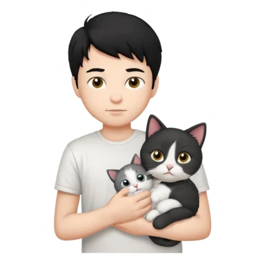 generate a pretty bratz emoji of a boy with black hair wearing a white tshirt and holding a cat sticker