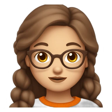 cute chubby girl with light grey glasses with long brown hair waving wearing a dark orange sweater sticker