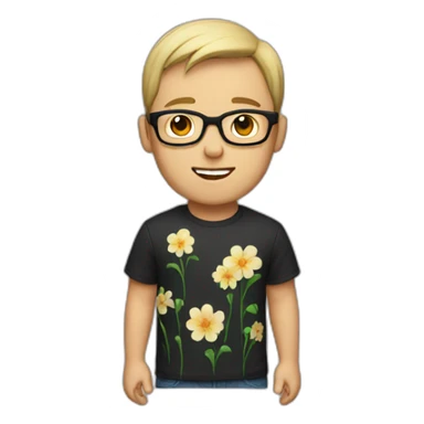 white guy with short hair wearing glasses and dark t-shirt with flowers print sticker