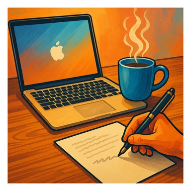 A MacBook, a steaming coffee mug, and a pen writing on paper, arranged on a wooden desk, vibrant and inviting style. sticker