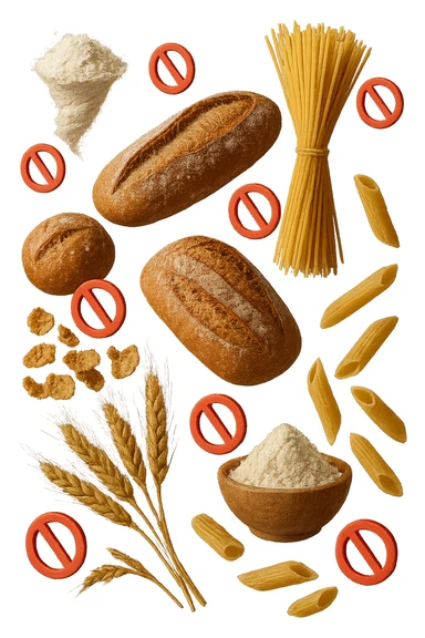 cereali, pane, pasta e farine realistici fluttuano in aria con piccoli divieti 3d, IPERREALISTICO 4K sticker