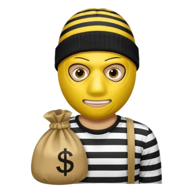 yellow robber wears black eye mask, black beanies and black and white stibes shirt with one brown money bag beside him sticker