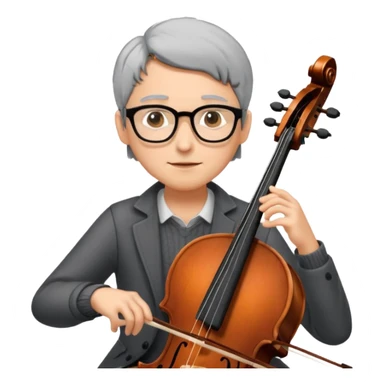 an emoji of my mum playing the cello, she has short black-ish gray hair, wears glasses, she is small sticker