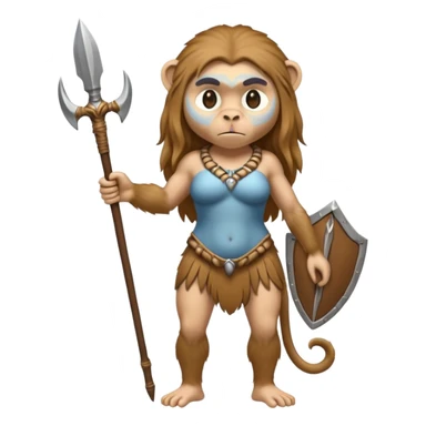fullbody buxom monkey female Neanderthal with human face, long hair, holding a spear sticker