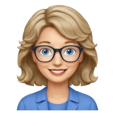 woman 60 short weavy dark blonde haire, rectangle glases, blue eyes sticker