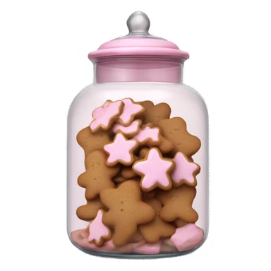 Realistic glass cookie jar with light pink lid full of gingerbread cookies isolated.  sticker