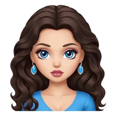 pretty bratz baddie, long dark brown wavy hair, pretty makeup, long lashes, pretty blue eyes sticker