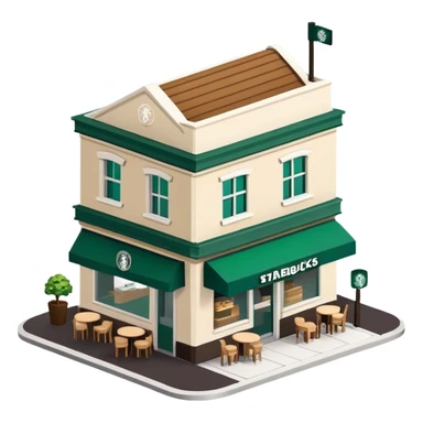 Starbucks exterior, isometric dollhouse-style, realistic sticker