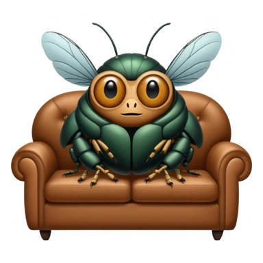Black Cicada cartoon style with black shiny round eyes watching on a phone sit on a brown sofa  sticker