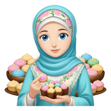 Turkish beautiful finish Konya girl blue eyes with pastel floral hijab islamic dress and had on her hand text Eid Mubarak with sweets and celebrating with her friends eid days   sticker