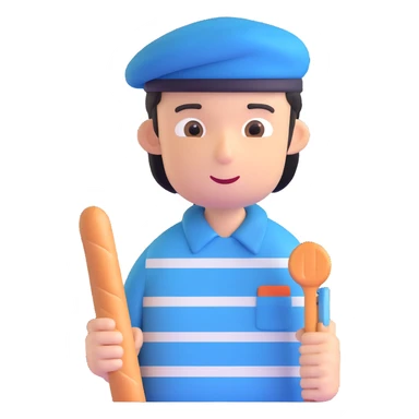 French man with blue and white striped shirt, black beret, holding a baguette sticker