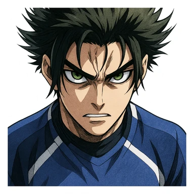 Don Lorenzo from Blue Lock, close-up portrait, intense gaze, anime style, blue and white soccer jersey, spiky hair, no background sticker
