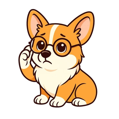 и вот такую есчо эмоцию давай изобразим, задумчивый поправляет очки, тоже как котик на примере только с нашшим корги sticker