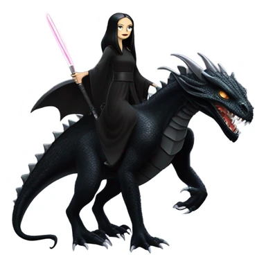  beautiful armored teen Morticia Addams Jedi riding on the back of a very large black shiny evil-looking dragon sticker