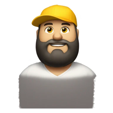 Fat bearded white man, squinty eyes, short black beard, yellow hood, black baseball cap, mouth agape, very fat sticker