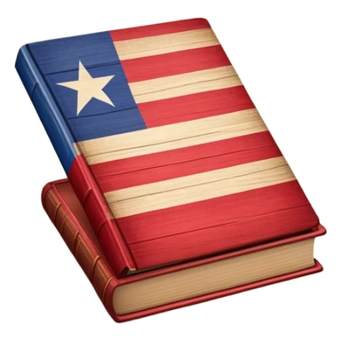 Elegant aged book with the Puerto Rican flag embossed on the cover, wooden theater stage symbol, vintage textured cover with warm wood and parchment tones, slightly glowing, representing the eternal legacy of scenic design in Puerto Rico sticker