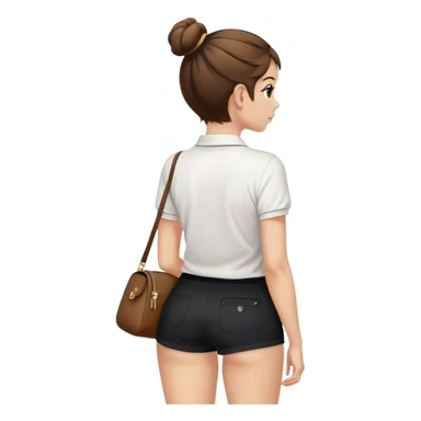 girl back view white polo black shorts brown hair in a bun with white bag sticker