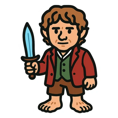 Whole body image of bilbo baggins from the hobbit movie in pixel art style. Bilbo is younger. Make Bilbo look like the actor that portrayed him in the movie, Martin Freeman. Bilbo is wearing the same red jacket, green vest, white undershirt, brown leather short pants, and hairy hobbit feet. He is holding a short sword that is glowing with a blue hue.  sticker