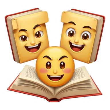open book with three faces, one angry, one smiling and happy, one that is okei, natural. sticker
