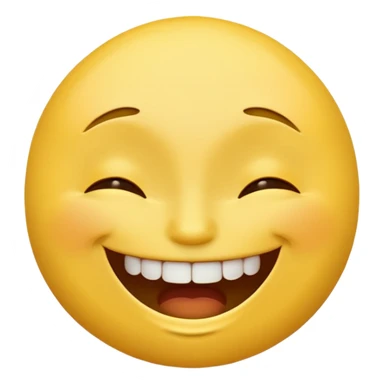 yellow emoji with a big grin, upper teeth visible, eyes closed, and raised eyebrows, classic emoji style sticker