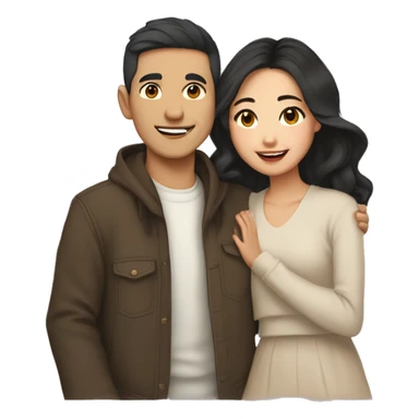 A half pale Asian man with short dark hair and amber eyes embracing and loving a half Asian woman with long wavy dark hair and dark hazel eyes. They love each other a lot And have good fashion taste. And are having a lot of fun sticker