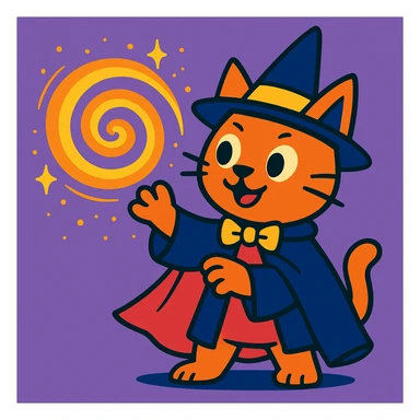 cat magician conjuring a spiral, vibrant cartoon style sticker