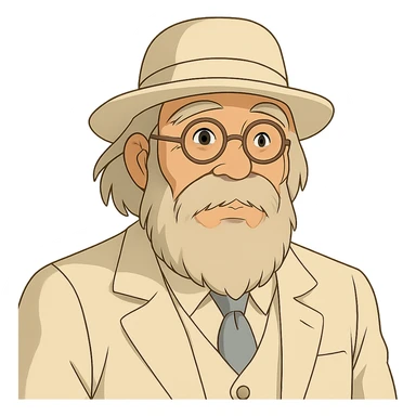 old man with a white hat, slightly long white beard, white moustache, round glasses, white suit, white longish hair, ghibli style sticker