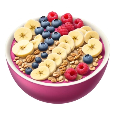 smoothie bowl with bananas, raspberries, blueberries, granola and peanut butter sticker
