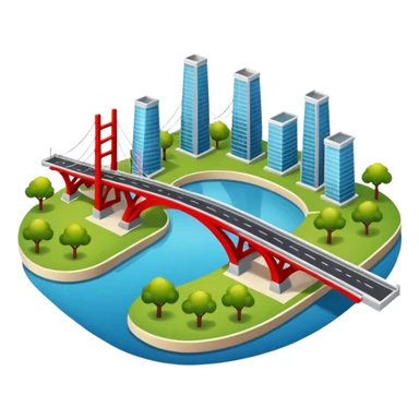 advanced modern island with advanced infrastructure, parks, contemporart buildings, and with a red bridge on one side sticker