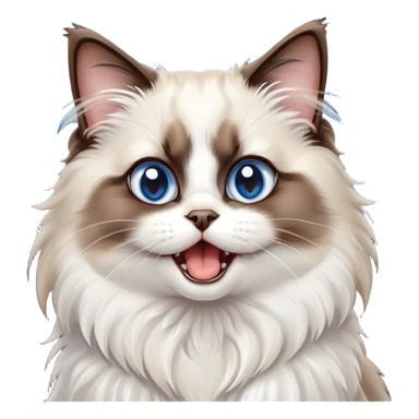 cinematic-adorable-big-eyed-fluffy-dark brown and white ragdoll-cat-portrait-emoji,-head-tilted-playfully-with-a-cute,-yawn,-soft-brown-and white-colored-fur-with-darker-points-on-the-ears,-simplified-yet-irresistibly-cute-features, sparkling blue eyes sticker