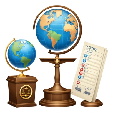 An icon featuring a podium with a speaker, a ballot box with a voting slip, and a globe, symbolizing political science. The design includes scales of justice and a world map in the background, representing governance and global politics. Transparent background highlights political analysis. sticker