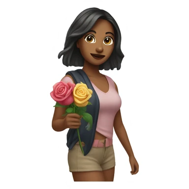 A woman named Rose visiting a beach in California while holding a rose in her hand, dark hair and bangs in a ponytail sticker