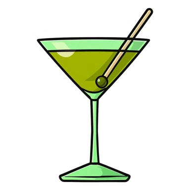 martini glass with completely colorless transparent liquid like pure water, with a green olive at the bottom skewered by a toothpick sticker