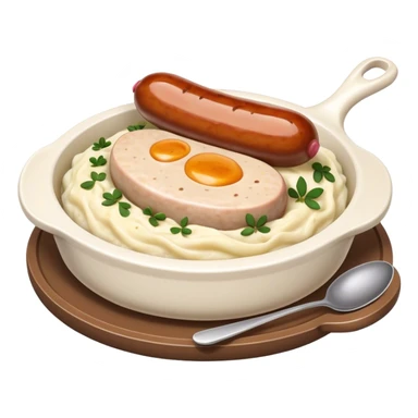 Cinematic Realistic Bangers and Mash Dish Emoji, featuring succulent pork sausages paired with creamy mashed potatoes rendered with detailed textures and natural highlights that emphasize its robust, hearty flavor. sticker