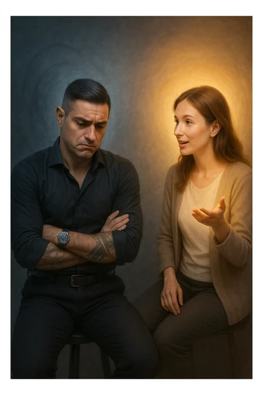 Uomo tra i 30 e i 40 anni seduto su una sedia, sguardo dubbioso, con le mani incrociate in grembo. Di fronte a lui, una donna calma e gentile gli parla e gli offre una soluzione con gesto aperto. Intorno a lei, un’aura luminosa. Intorno a lui, la sua aura maschile si affievolisce, come se stesse perdendo forza interiore. L’uomo appare indeciso, la postura è passiva. Ambientazione neutra, toni simbolici, atmosfera silenziosa. Luci fredde e calde in contrasto. Stile realistico con accenti metaforici sticker