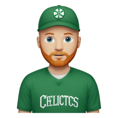 Bald white man with ginger beard and blue eyes in Celtics jersey over tshirts with cap sticker