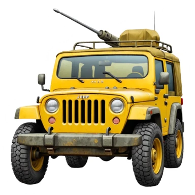 yellow military jeep, with protection, with red tuning symbols sticker