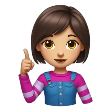 little girl with dark brown short hair wears striped blue and magenta shirt giving a thumbs down sticker