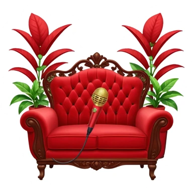 red velvet loveseat with a mic in front, plant in back, and sparkles sticker