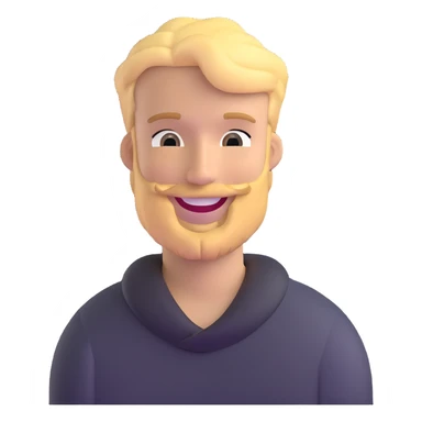 young man with blonde hair and moderate beard with a big smile sticker