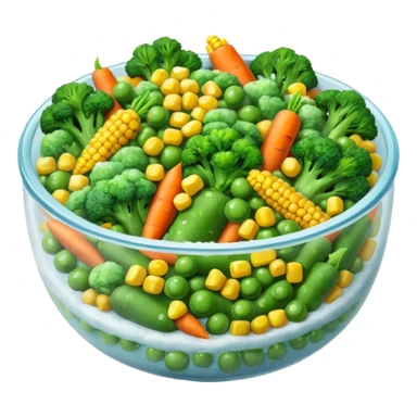 A close-up of a bowl filled with frozen mixed vegetables — peas, carrots, corn, and broccoli — covered with a light layer of frost. The colors are bright but slightly muted from freezing. Natural lighting, high-detail macro food photo. sticker