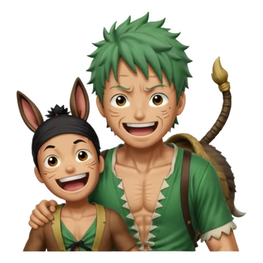 Luffy is riding on Zoro's back, and Zoro looks hilariously like the donkey. Zoro looks angry, and Luffy is laughing. The whole scene is very funny. sticker